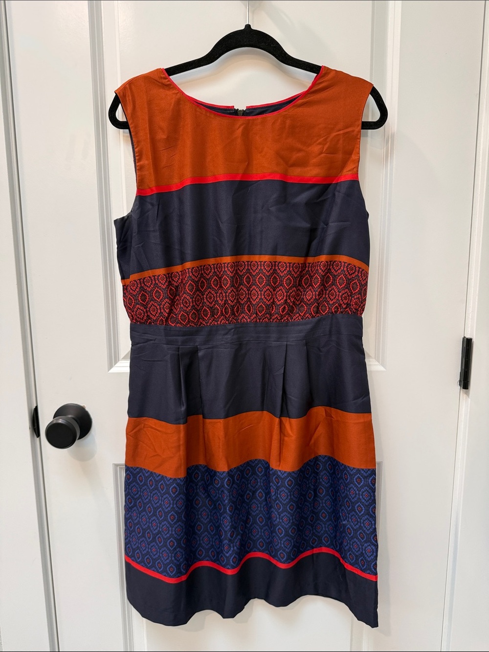 LOFT Navy and Rust Sleeveless Patterned Midi Dress